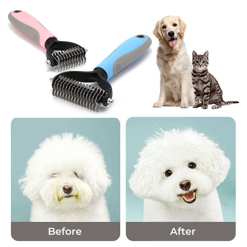 Grooming Brush For Pets Deshedding Tool Rake Comb Fur Remover Reduce 2-Side Dematting Tool For Dogs Cats Pets Grooming Brush Double Sided Shedding And Dematting Undercoat Rake Hair Removal Comb