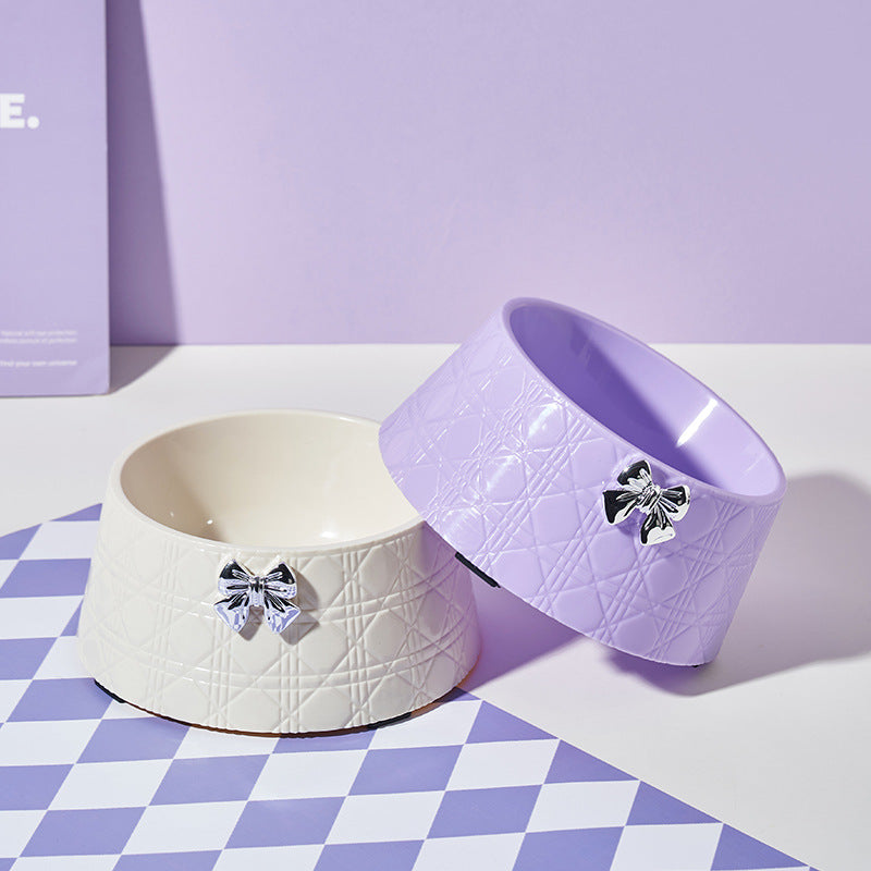 Pet Dog Food Bowls Lovely Bowknot Puppy Feeder Dish Bowl Diamond Pattern Bow Cat Bowl For Water Sweet Princess Pet Feeding Bowls